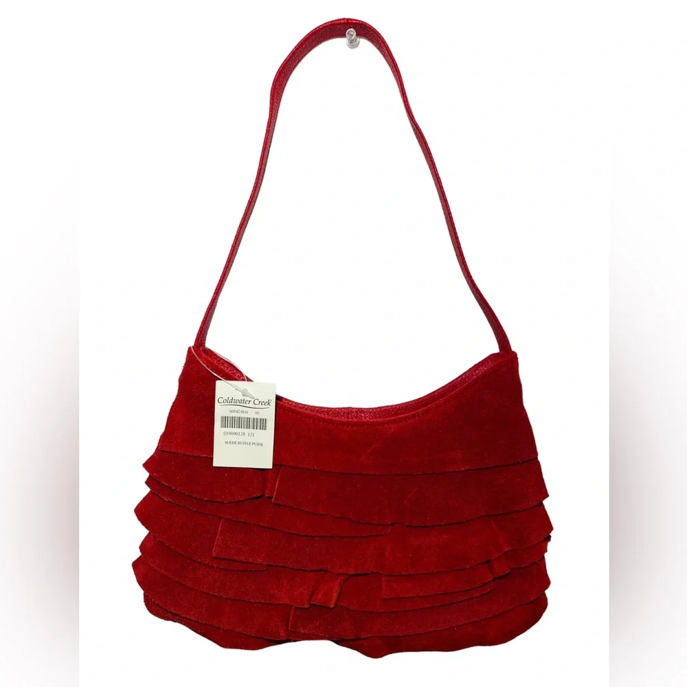 NWT Coldwater Creek RED Y2K‎ Suede Purse with Ruffles Shoulder Bag